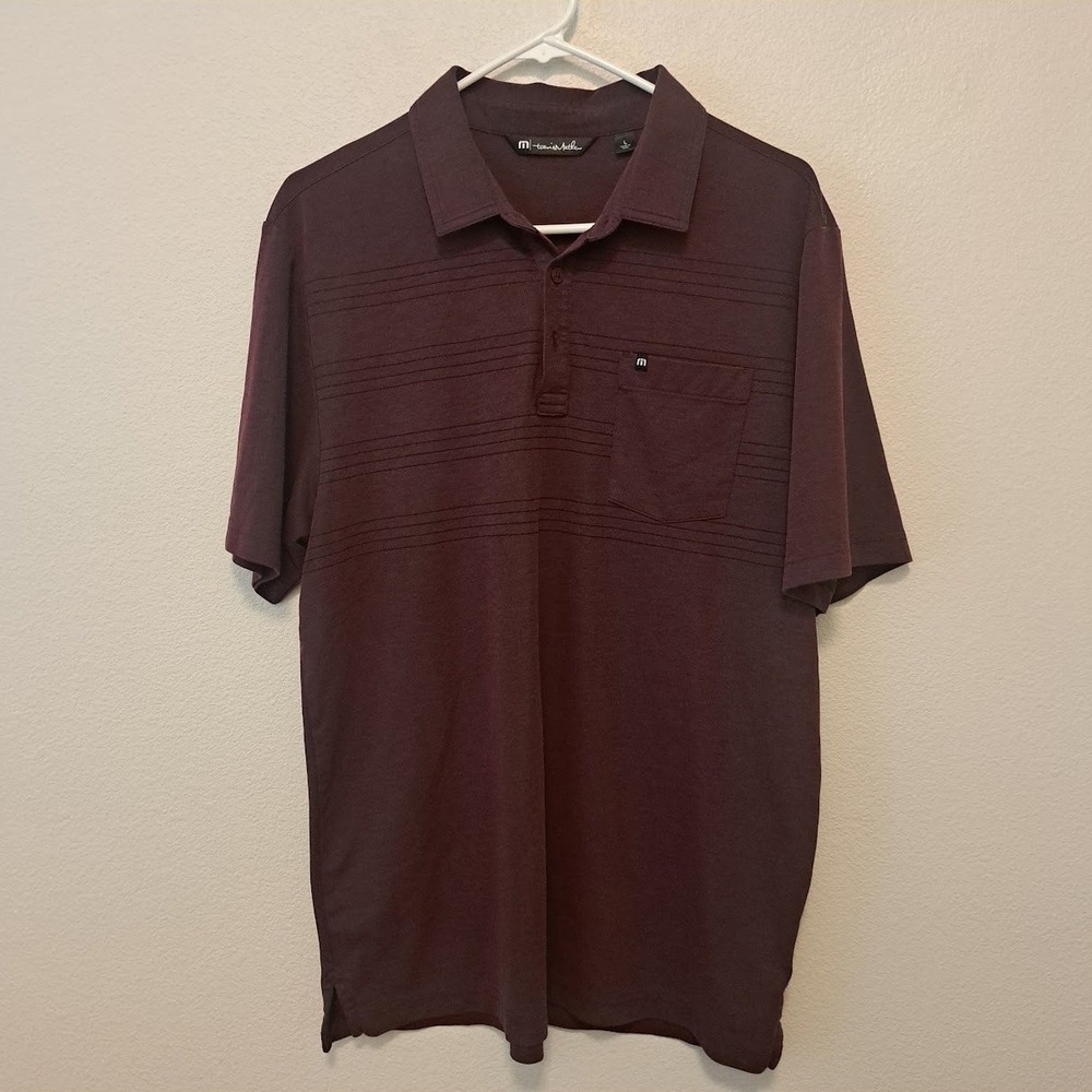 TravisMathew Mens Large Burgundy Maroon Striped Pima Cotton Blend Polo Shirt